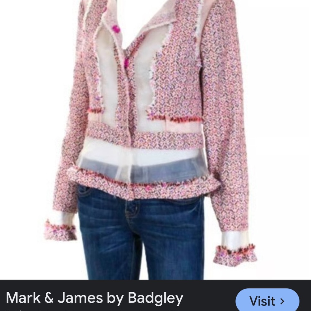 Badgley Mischka Pink and White cropped tweed and sheer jacket.